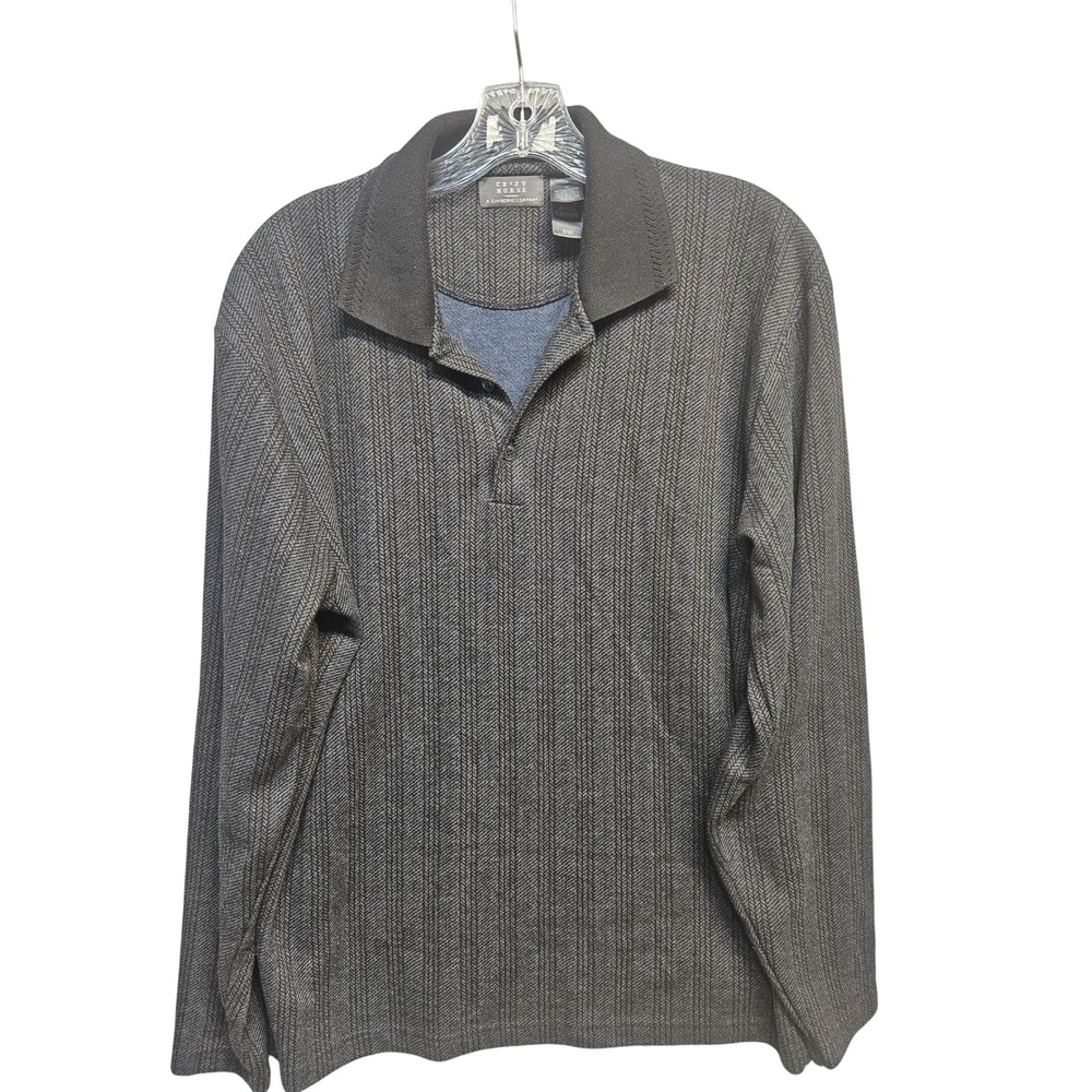 Crazy Horse Mens LongSleeve PoloShirt Charcoal Grey Herringbone Blue Pinstripe M